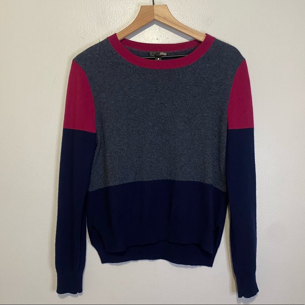 Aqua 100% Cashmere Sweater Womens Sz S Blue Pink Pullover Color Block